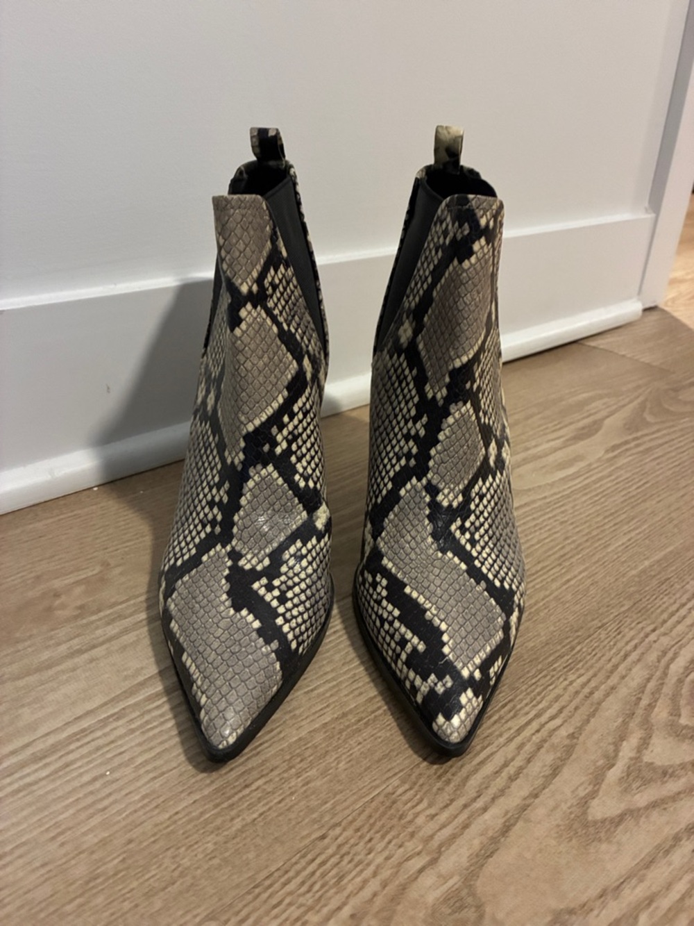 Zara Snake-Print Pointed Ankle Booties in Beige and Black
